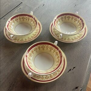 Antique Cauldon China England Teacups & Saucers - Ivory, Burgundy & Gold c.1920s